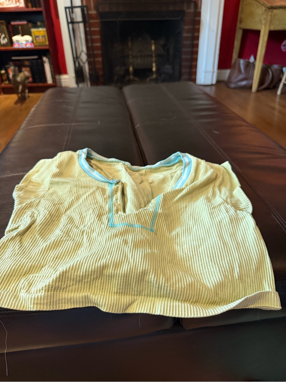 Urban Outfitters Pale Yellow Ribbed Crop Top with Light Blue Trim